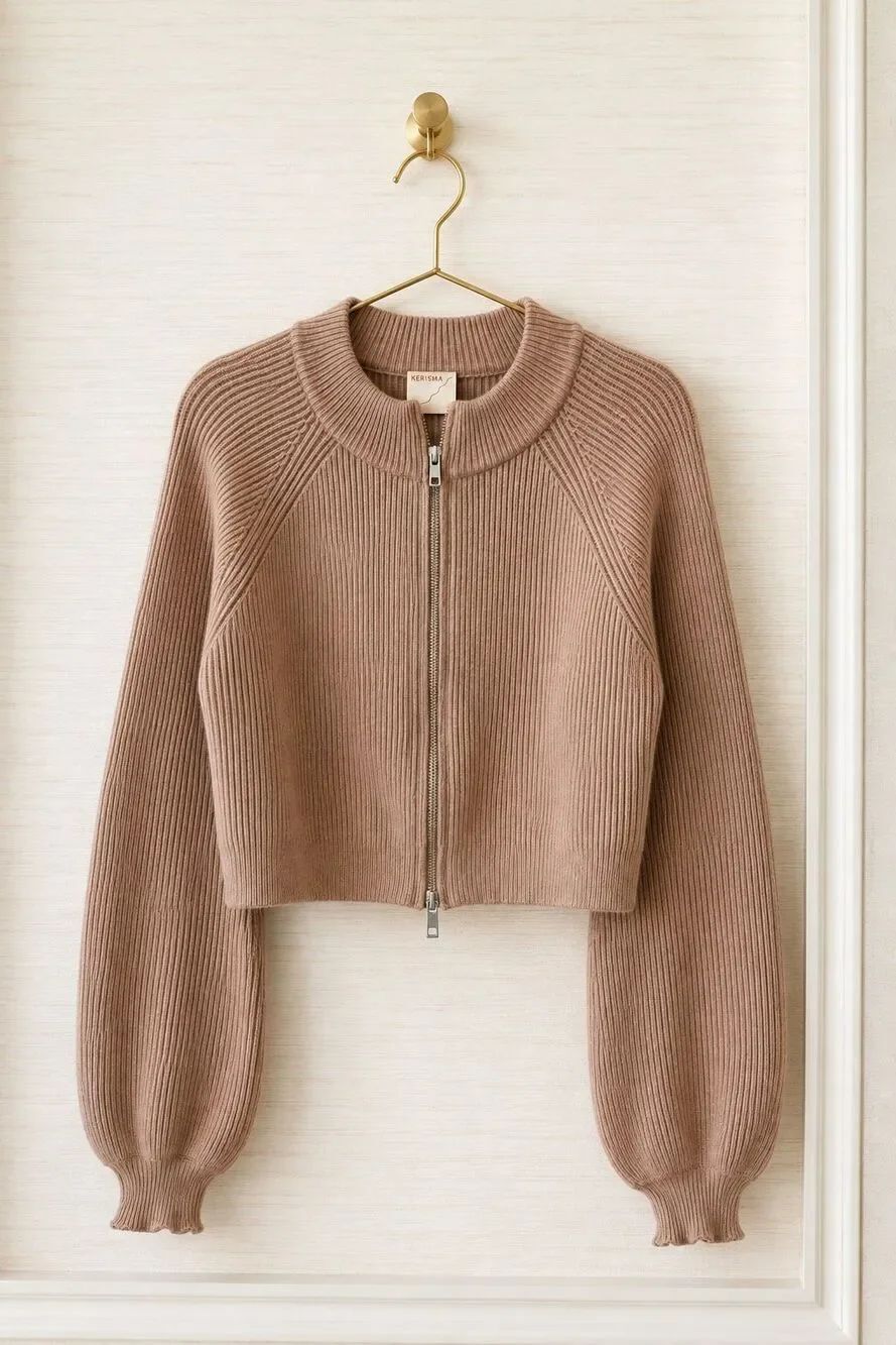 KERISMA Camel Ribbed wool blend Cropped Zip-Up Balloon Sleeve Cardigan, Sm/Med F